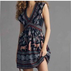 Anthropologie Dress Plunge V-Neck Black Motif Ruffle Dress
